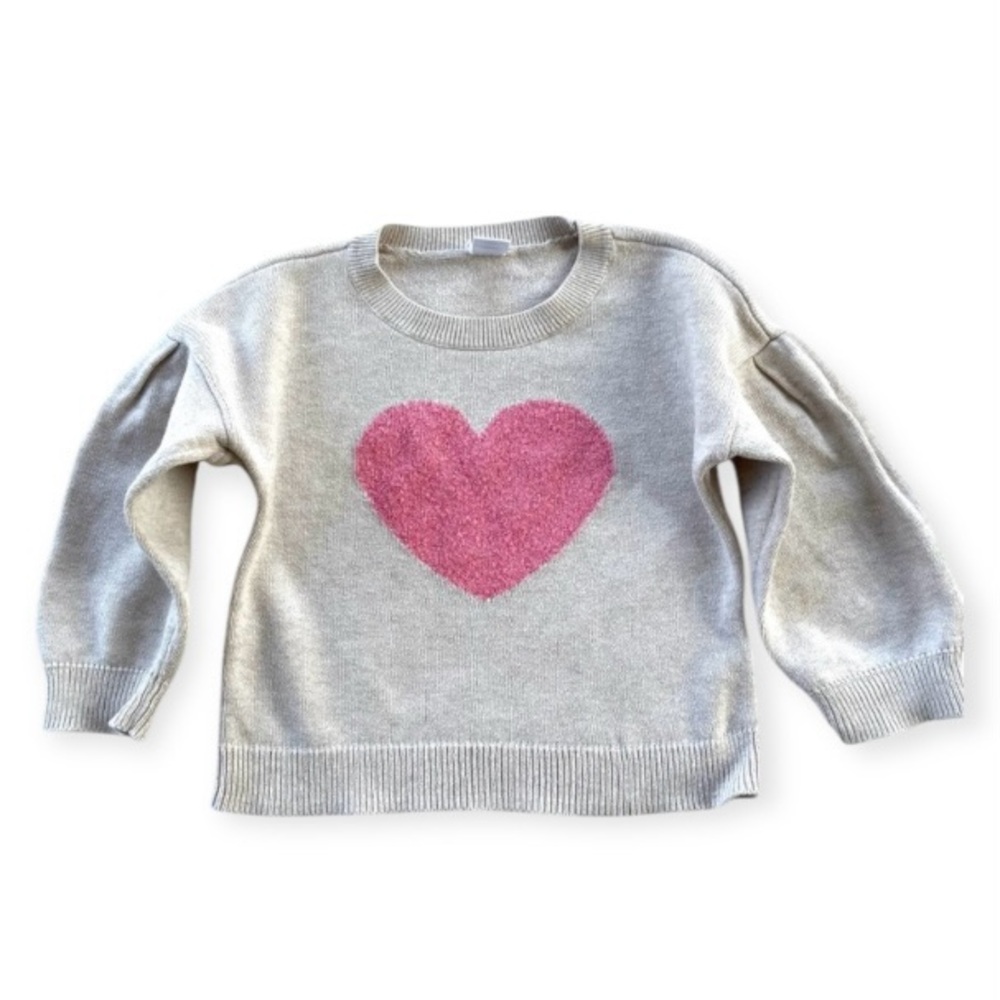 Baby Gap Girls Oatmeal Sweater with Fuzzy Pink Heart, Size 3T